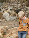 Mustard, white, stripe, striped, henley, long sleeve, pocket, buttoned, elbow patch, blue, jeans, fair, hair, sitting, on, rocks, autumn, fall, henry.