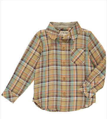 Beige, blue, plaid, shirt, long sleeve, cotton, boys, Henry, buttoned, collar, pocket, checked, autumn, spring, summer, casual.