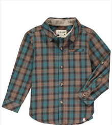  Brown, blue, plaid, shirt, long sleeve, buttoned, pocket, casual, Henry.