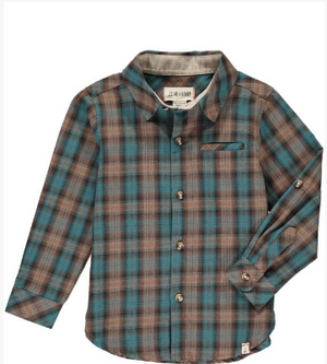 Brown, blue, plaid, shirt, long sleeve, buttoned, pocket, casual, Henry.