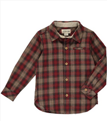  Red, brown, plaid, shirt, long sleeve, buttoned, pocket, smart, casual, Henry.