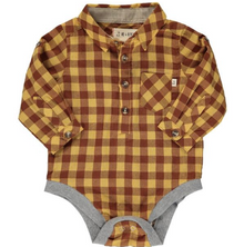  Rust, mustard, plaid, woven, shirt, onesie, long sleeve, smart, casual, baby, buttoned, pocket, Henry.