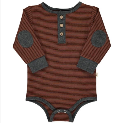 Rust, stripe, striped, henley, onesie, baby, smart, casual, buttoned, elbow patch, long sleeve, Henry.
