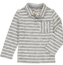  Grey, white, stripe, striped, polo, long sleeve, collar, buttoned, pocket, dog, Henry.