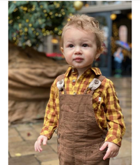 Rust, mustard, plaid, woven, shirt, onesie, long sleeve, smart, casual, baby, buttoned, pocket, Henry.