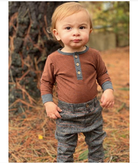 Rust, stripe, striped, henley, onesie, baby, smart, casual, buttoned, elbow patch, long sleeve, Henry.