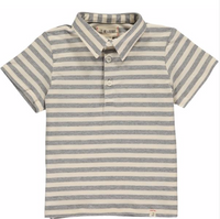 Grey, cream, stripe, striped, polo, short sleeve, buttoned, collar, spring, summer, casual, Henry.