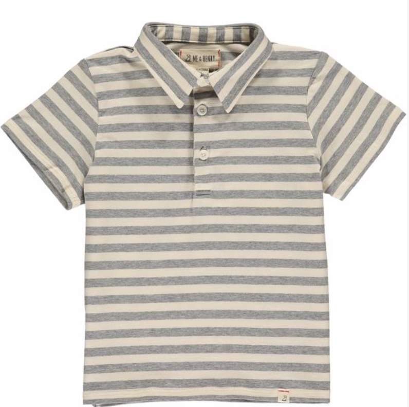 Grey, cream, stripe, striped, polo, short sleeve, buttoned, collar, spring, summer, casual, Henry.