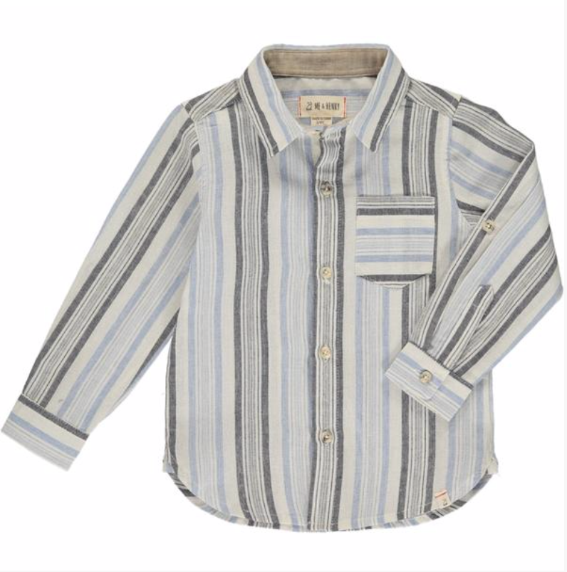 Blue, black, white, stripe, striped, shirt, long sleeve, buttoned, spring, summer, smart, casual, Henry.