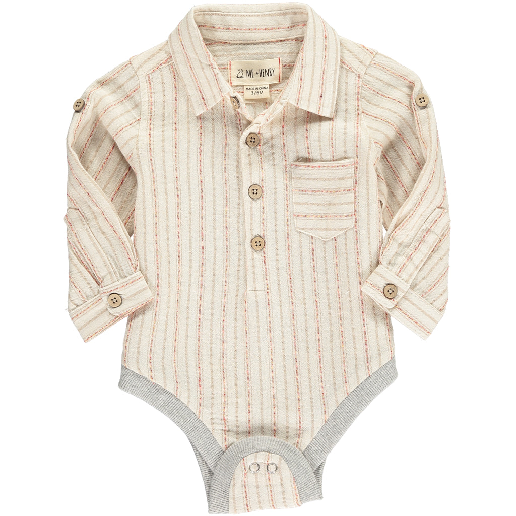 Red, beige, plaid, woven, shirt, onesie, long sleeve, smart, baby, Henry, buttoned, pocket.