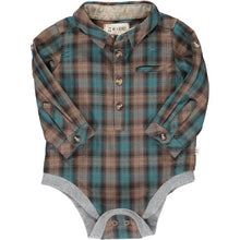  Brown, blue, plaid, woven, onesie, baby, warm, buttoned, smart, casual, Henry.