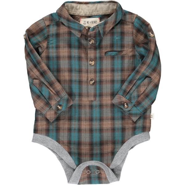 Brown, blue, plaid, woven, onesie, baby, warm, buttoned, smart, casual, Henry.