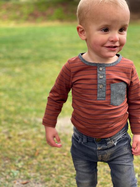 Chocolate, black, stripe, striped, henley, onesie, buttoned, elbow patch, pocket, baby, casual, Henry.