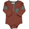 Chocolate, black, stripe, striped, henley, onesie, buttoned, elbow patch, pocket, baby, casual, Henry.