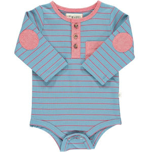 Blue, red, stripe, striped, henley, onesie, buttoned, baby, pocket, elbow patch, spring, summer, Henry.