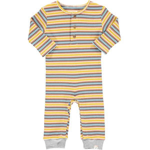 Mustard, blue, stripe, striped, ribbed, rib, romper, baby, buttoned, casual, spring, summer, Henry.