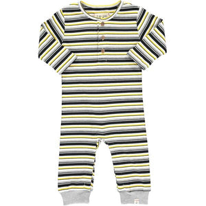 Yellow, black, white, striped, ribbed, romper, baby, buttoned, long sleeve, casual, Henry.