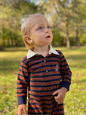 Brown, navy, stripe, striped, polo, romper, collar, dog, baby, casual, Henry, autumn.
