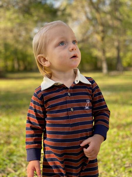 Brown, navy, stripe, striped, polo, romper, collar, dog, baby, casual, Henry, autumn.