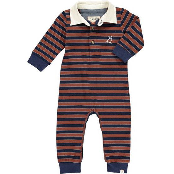 Brown, navy, stripe, striped, polo, romper, collar, dog, baby, casual, Henry, autumn.