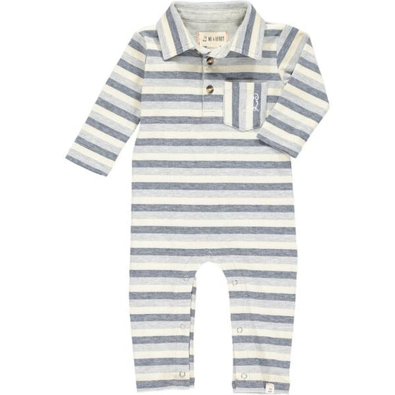 Grey, navy, rib, ribbed, stripe, striped, romper, baby, buttoned, pocket, dog, Henry, spring, summer.