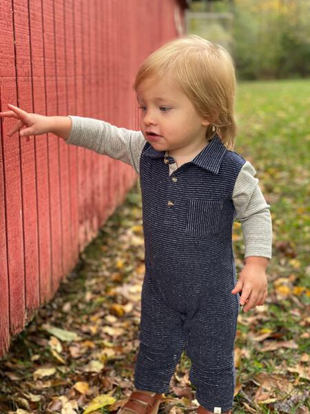 Navy, grey, stripe, striped, romper, polo, long sleeve, buttoned, pocket, baby, Henry.