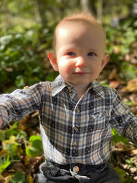 Grey, stitch, buttoned, plaid, woven, onesie, baby, smart, casual, Henry.