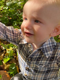 Grey, stitch, buttoned, plaid, woven, onesie, baby, smart, casual, Henry.