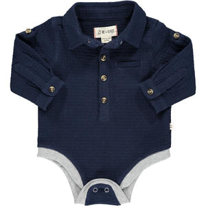 Navy, waffle, woven, onesie, shirt, buttoned, smart, baby, Henry.