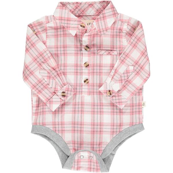 Pink, plaid, woven, shirt, onesie, baby, smart, buttoned, spring, summer, Henry.