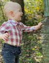 Coral, cream, plaid, woven, onesie, baby, buttoned, pocket, collar, smart, casual, spring, summer, Henry.