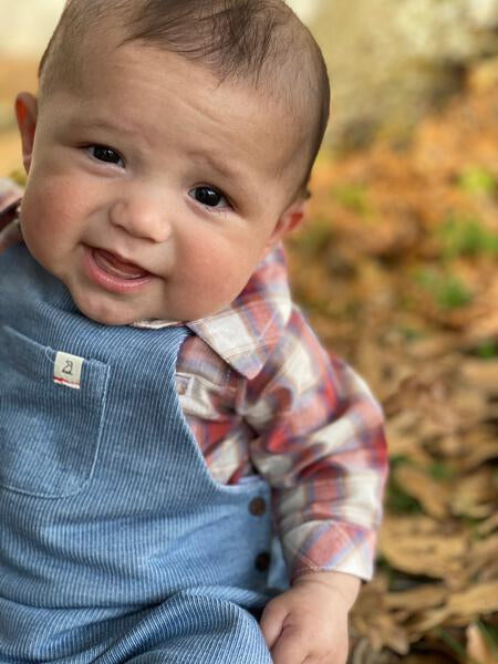 Coral, cream, plaid, woven, onesie, baby, buttoned, pocket, collar, smart, casual, spring, summer, Henry.