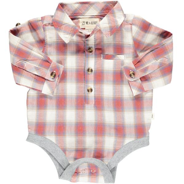 Coral, cream, plaid, woven, onesie, baby, buttoned, pocket, collar, smart, casual, spring, summer, Henry.