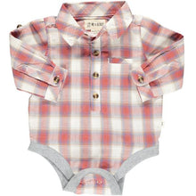  Coral, cream, plaid, woven, onesie, baby, buttoned, pocket, collar, smart, casual, spring, summer, Henry.